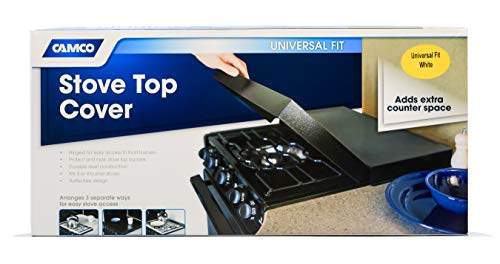 Camco Stove Top Cover/RV Camper | Features Hinged Design for Easy Access to Front Burners & Fits Most 3 or 4 Burner RV/Boat Stoves | Crafted of 20-Gauge Steel w/Powder-Coated Finish | White (43557)