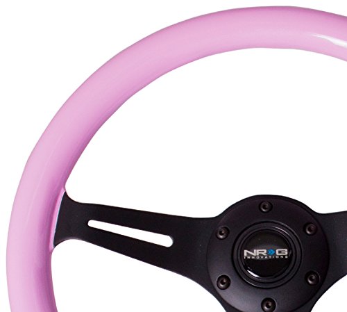 NRG Innovations Classic Wood Pink Grain Steering Wheel NRG-ST-015BK-PK, 350mm 3 Black Spokes, Solid Pink Painted Grip