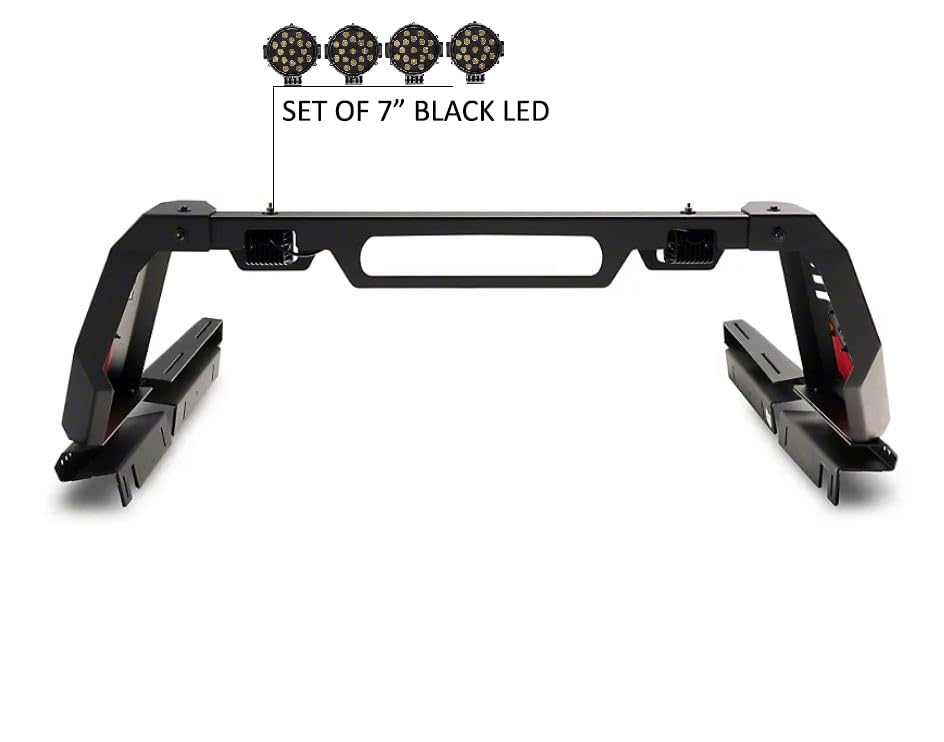Vigor Roll Bar Black Horse incl. Pair of 7.0" Dia. LED Lights w/Black Trim Rings Modular Black Compatible with 2005-2024 Toyota Tacoma-VIRB06B-PLB