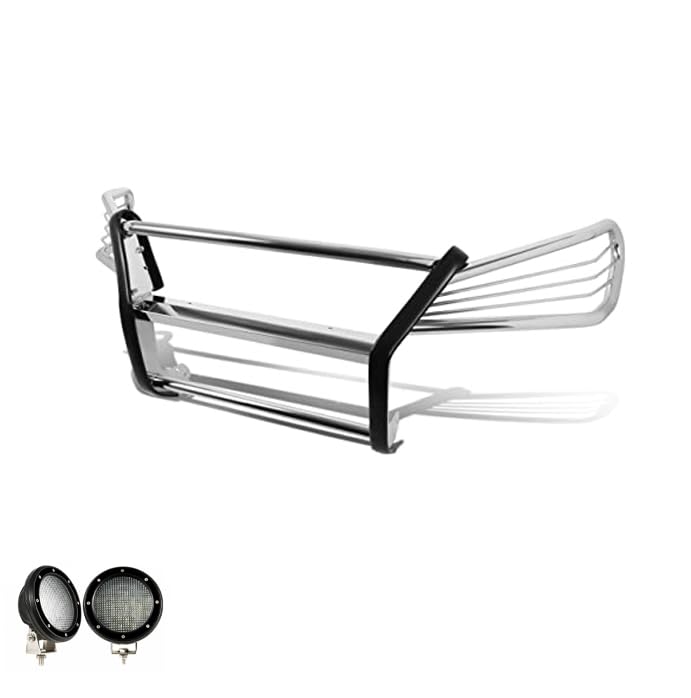 Grille Brush Black Horse Bumper Guard Modular Stainless Steel Come with Pair of 5.3" Dia.LED Lights with Black Trim Rings Compatible with 2004-2006 Lexus RX330|2007-2009 Lexus RX350-17G80330MSS-PLFB