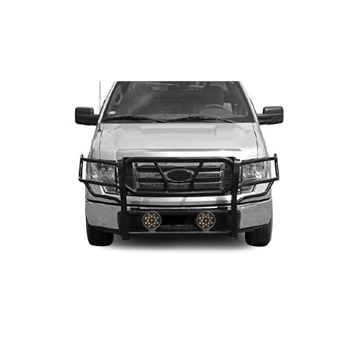 Heavy Duty Black Horse Rugged Grille Brush Bumper Guard Modular Black Come with Pair of 7.0" Dia. LED Lights with Black Trim Rings Compatible with 2009-2014 Ford F-150-RU-FOF109-B-PLB