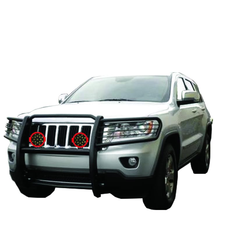 Bumper Guard Black Horse Grille brush Modular Come With pair of 7.0"Dia.LED Lights with Red Trim Rings Compatible with 2005-2010 Jeep Grand Cherokee-17A080200MA-PLR