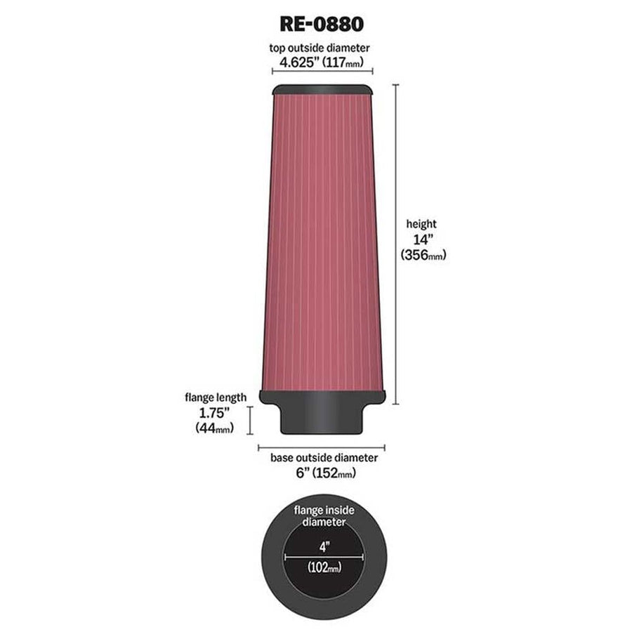 High-Flow K&N Original Lifetime Universal Clamp-On Air Filter: High Performance, Premium, Washable: Flange Diameter: 4 In, Filter Height: 14 In, Flange Length: 1.75 In, Shape: Round Tapered, RE-0880