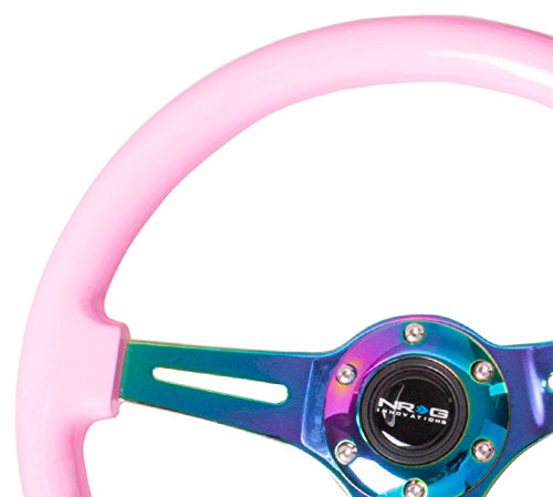 NRG Innovations Steering Wheel NRG-ST-015MC-PK - 350mm 25mm Deep Configuration, Classic Wood Grain Wheel, 3 Neochrome Spokes- Solid Pink Painted Grip