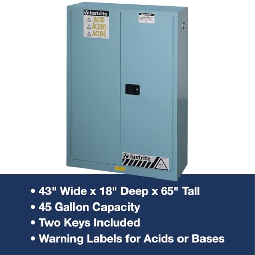 Justrite Corrosive Acid Storage Cabinet - 45 Gallon 2 Door Self Close Chemical Storage Cabinet with ChemCor® Coating - 18" x 65" x 43" - Made in The USA - Light Blue - 8945222