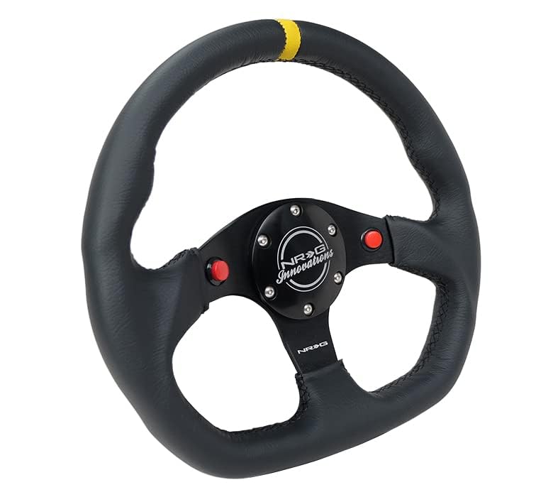 NRG Innovations Reinforced NRG-RST-024D-MB-R-Y Steering Wheel 320mm Sport Leather Dual Push Buttons Flat Bottom with Yellow Center Mark