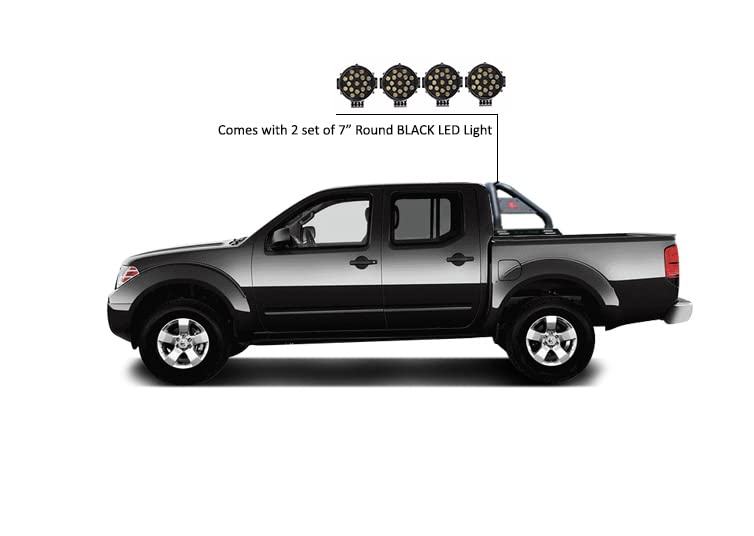 Classic Black Horse Roll Bar incl. Pair of 7.0" Dia. LED Lights w/Black Trim Rings Black Compatible with 2005-2021 Nissan Frontier-RB007BK-PLB