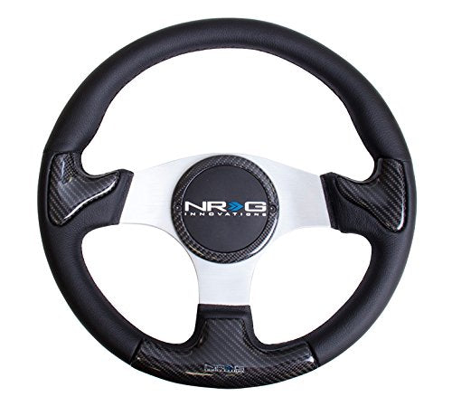 NRG Innovations Carbon Fiber Steering Wheel NRG-ST-014CFSL 350mm, Silver Frame Black Stitching with Rubber Cover Horn Button