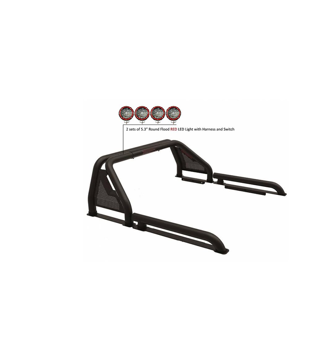 Gladiator Roll Bar Black Incl. Set of 5.3" Dia.Led Lights w/Red Trim Rings Modular Compatible with 2019-2022 Ford Ranger-GLRB-07B-PLFR
