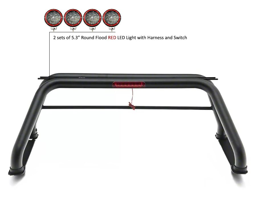 Classic Black Horse Roll Bar Incl. Set of 5.3" Dia.Led Lights w/Red Trim Rings Compatible with 99-22 Ford F-250 Super Duty|99-22 Ford F-350 Super Duty|99-22 Ford F-450 Super Duty-RB015BK-PLFR