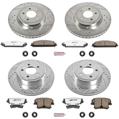 PowerStop Carbon Fiber Brake Pads Front and Rear For 2005-2023 Chrysler 300, 2009-2023 Dodge Challenger, 2006-2023 Charger - Drilled & Slotted Brake Rotors Kit [Dual Piston Model], K2853-26