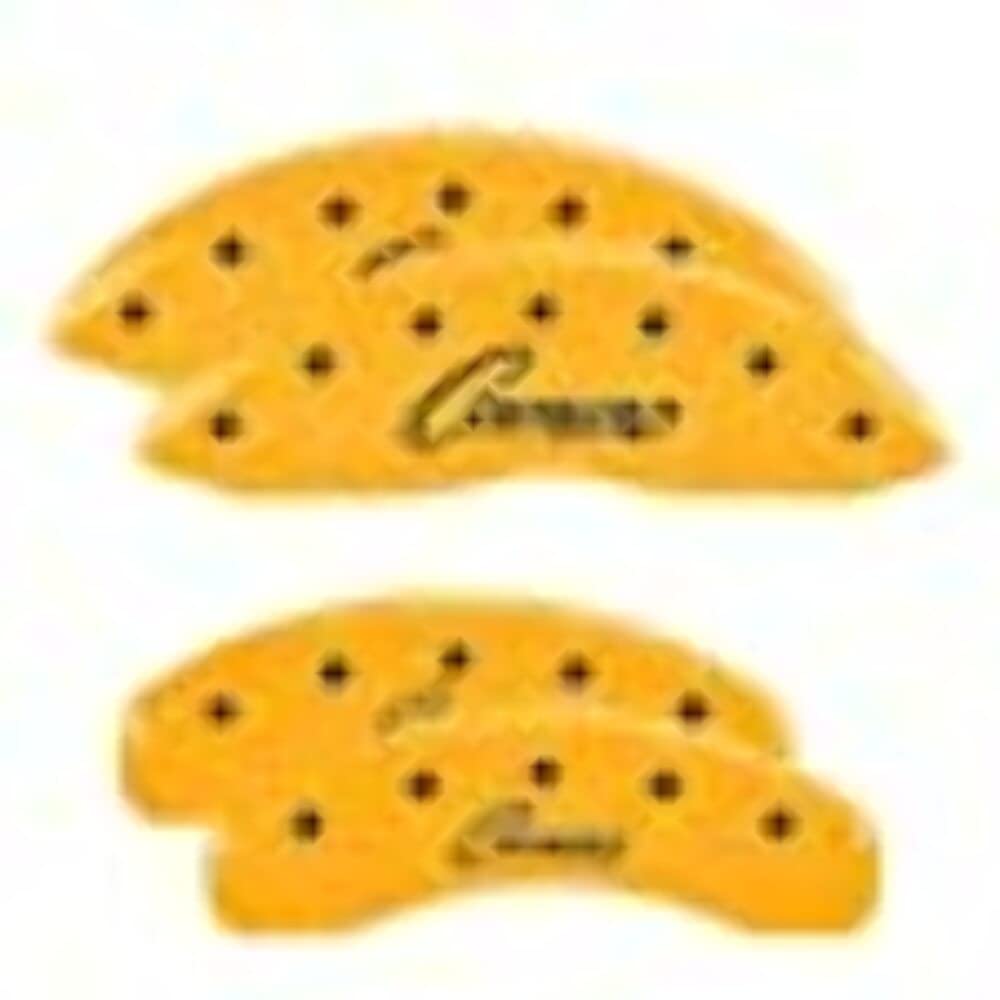 Caliper Covers MGP Compatible with 2016-2024 Chevy Camaro (Fits 18"+ Wheels & Standard JL9 Brakes) Powder-Coated Finish, 4 PCS Front and Rear (Yellow - Cursive Camaro Engraving)