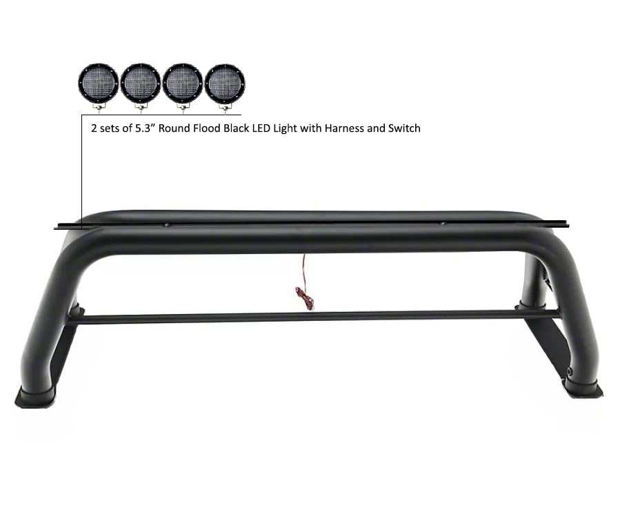 Classic Black Horse Roll Bar Incl. Set of 5.3" Dia.LED Lights w/Black Trim Rings Compatible with 2005-2021 Nissan Frontier-RB-NIFRB-PLFB