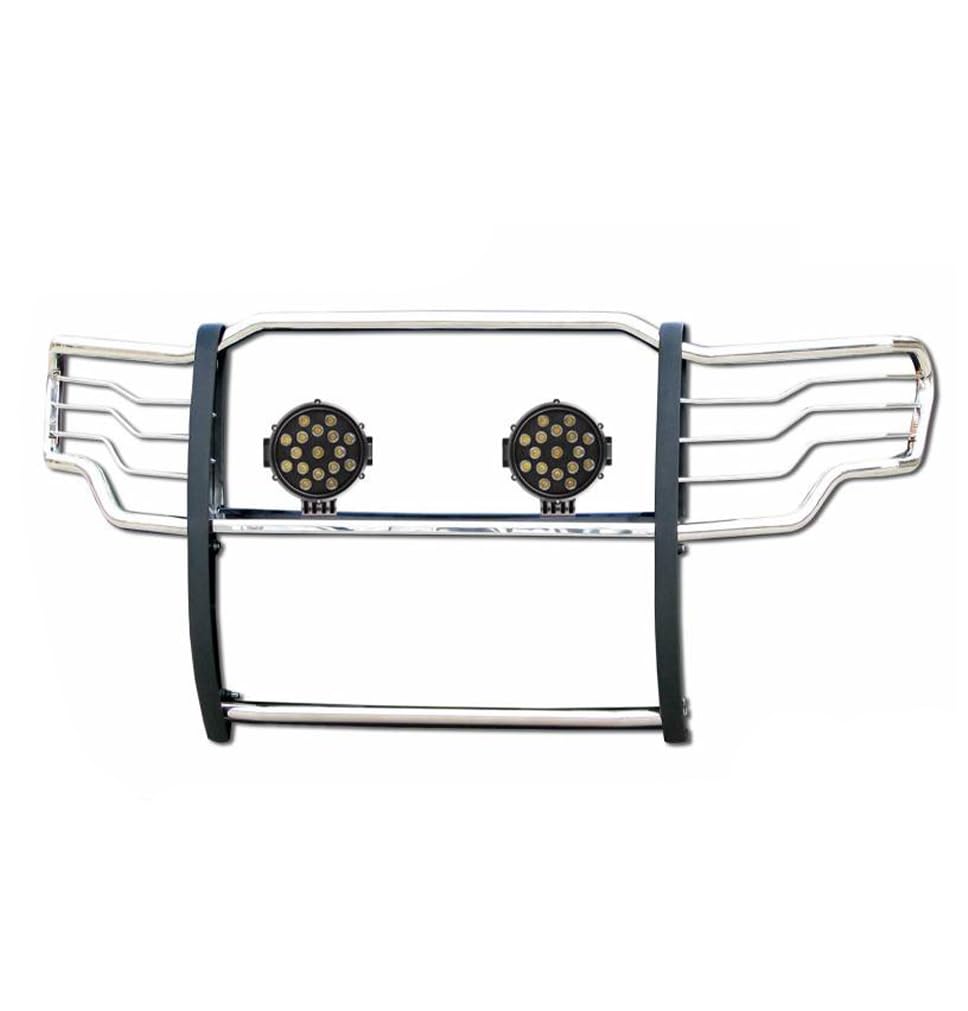 Grille Brush Black Horse Bumper Guard Modular Stainless Steel Come with Pair of 7.0" Dia.LED Lights with Black Trim Rings Compatible with 2015-2024 Ford F-150-17FP32MSS-PLB
