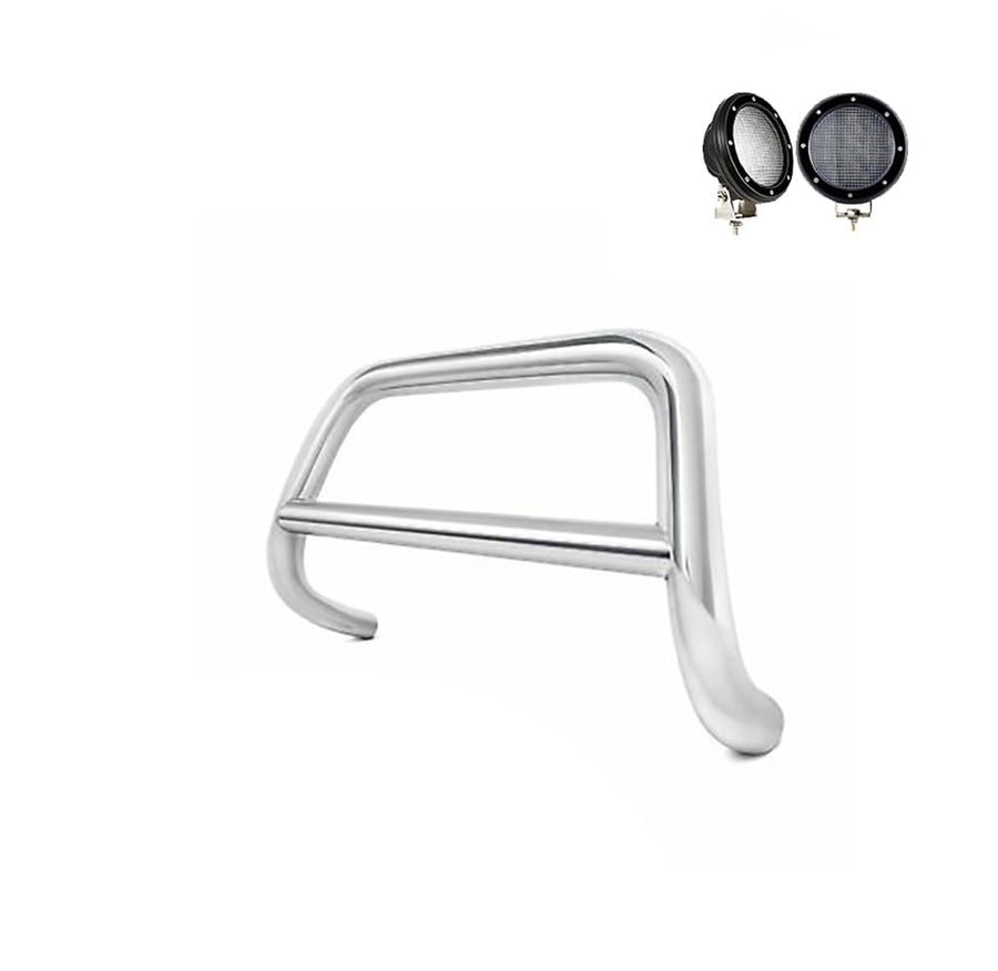 A Bar Black Horse No Skid Plate Stainless Steel Come with Pair of 5.3" Dia. LED Flood Lights w/Black Trim Rings Compatible with 2013-2021 Nissan Pathfinder-CBS-NIA1802-PLFB