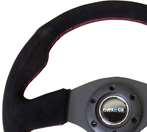 NRG Innovations Reinforced NRG-RST-012S-RS Steering Wheel 320mm Diameter And 25mm Deep Sport Suede Steering Wheel With/Red Stitch/Black Grip Suede, Double Riveted Spokes + Horn Button