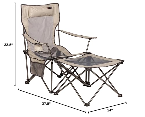 Sun Soaker Lippert Two-Position Vented Reclining Camping Chair with Footrest, 600D Polyester Fabric, Mesh Back/Seat, Padded Headrest, Cupholder, 250-lb. Weight Capacity, Sand Color - 2022114829
