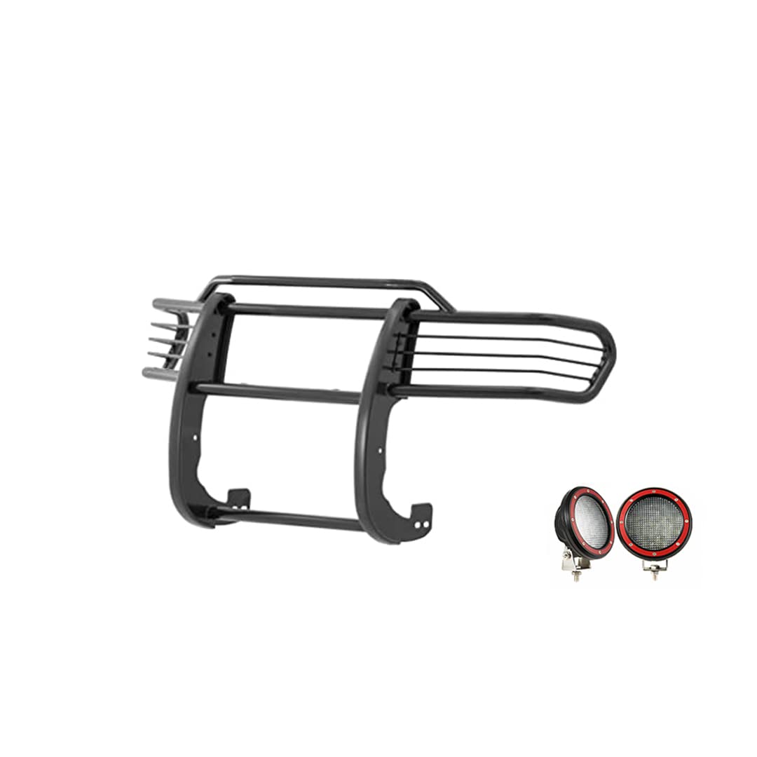 Grille Brush Black Horse Bumper Guard Modular Black Come with Pair of 5.3" Dia.LED Lights with Red Trim Rings Compatible with 2007-2014 Toyota FJ Cruiser-17A098600MA-PLFR