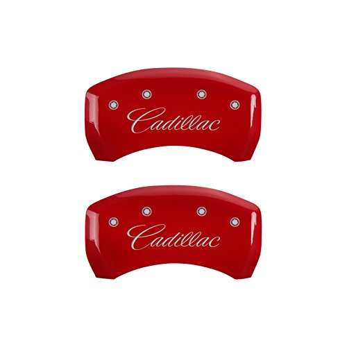 Caliper Covers MGP 35024SCADRD (Red Powder Coat Finish, Engraved Front and Rear: Cursive/Cadillac, Silver Characters, Set of 4)
