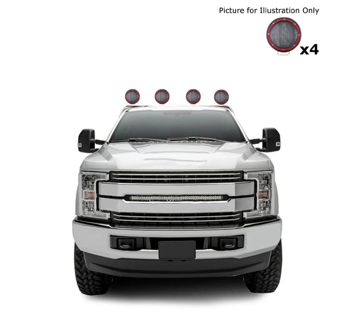 Classic Black Horse Roll Bar Incl. Set of 5.3" Dia.LED Lights w/Red Trim Rings Stainless Steel Compatible with 99-22 Ford F-250 Super Duty|99-22 Ford F-350 Super Duty|99-22 Ford F-450 Super Duty