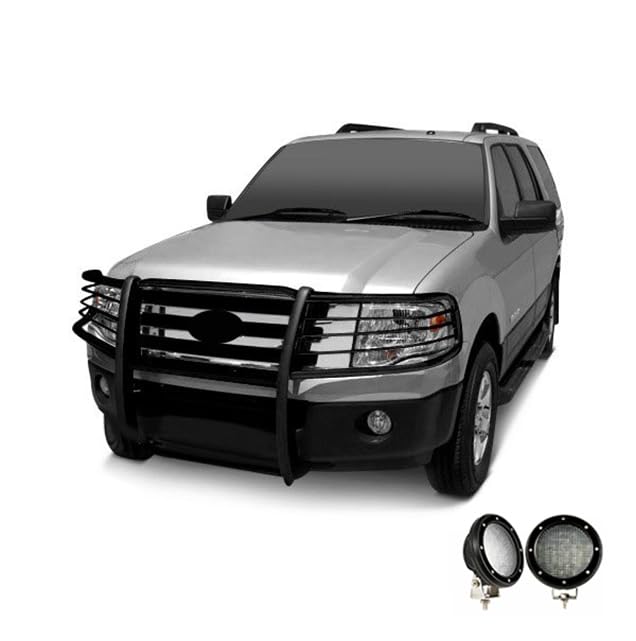Bumper Guard Black Horse Grille Brush Modular Black Come with Pair of 5.3" Dia.LED Lights with Black Trim Rings Compatible with 2006-2010 Ford Explorer-17A047600MA-PLFB