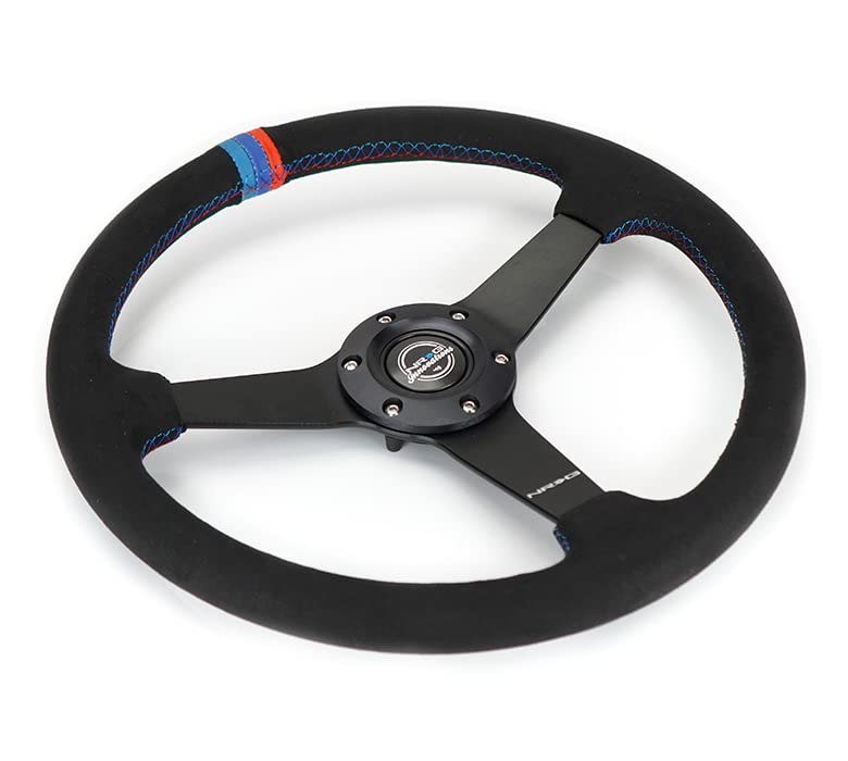 NRG Innovations 350mm NRG-RST-037MB-SA-M3 Sport Steering Wheel (1.5' Deep) Black Perforated Leather with M3 Stitching - Matte Black Solid Spokes with Minty Fresh Miata Logo Etched