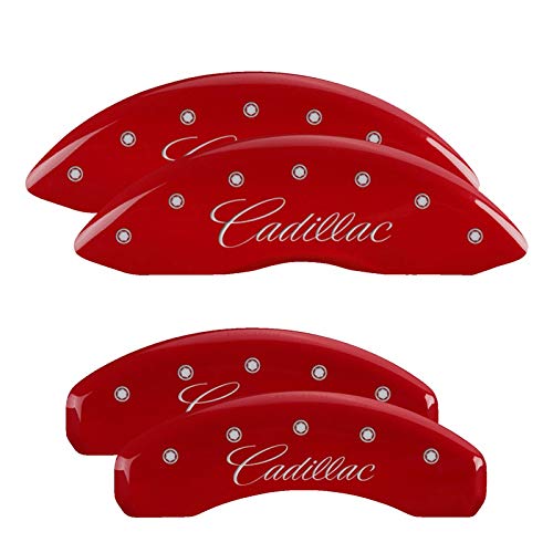Brake Caliper Covers MGP - Compatible with 2021-2025 Cadillac Escalade, 2023 ESV (Requires 18"+ Wheels) Powder-Coated Finish, 4 PCS Front and Rear (Red - Cadillac Cursive Engraving)