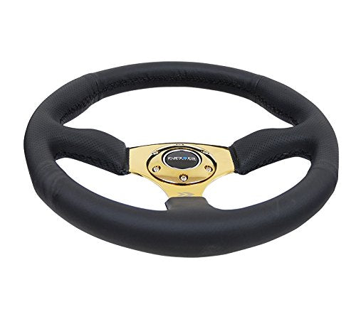 NRG Innovations Reinforced NRG-RST-023GD-R Steering Wheel 350mm Diameter 50mm Depth Sport Leather Racing (2.5" Deep) Comfort Grip 4mm Metal Gold Spoke