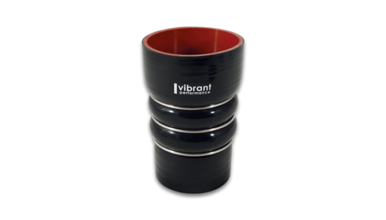 Hose Coupler, Vibrant Power 11866, Silicone, 4ply Aramid Reinforced, Charge Air Cooler (CAC) Bellows, 4.00 in. Inlet I.D, 3.00 in. Outlet I.D, 6.00 in. Overall Length, 3 Rings, Black, each