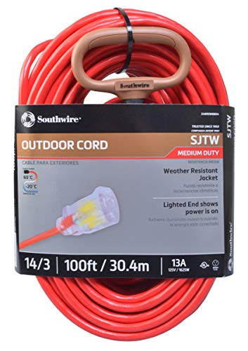 SJTW 100ft 14/3 Outdoor Ext Cord W/ Lighted End (Red)