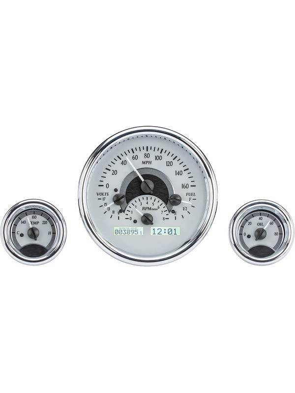 Universal Triple Round Analog Dash Gauge System Dakota Digital VHX-1013-S-W, Silver Alloy Style, White Backlighting