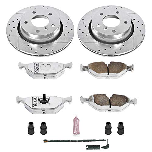 Power Stop K877-26 Z26 Carbon Fiber Brake Pads Rear with Drilled & Slotted Brake Rotors Kit and 1 Rear Sensor Wire For BMW 3, BMW 3, BMW 325Ci, BMW 325i, BMW 3, BMW 328i [Model Specific]