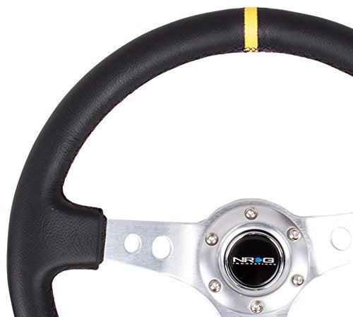 NRG Innovations Reinforced NRG-RST-006SL-Y Steering Wheel - 350mm Sport Steering Wheel (3" Deep) - Silver Spoke with Round holes, Black Leather, Yellow Center Mark