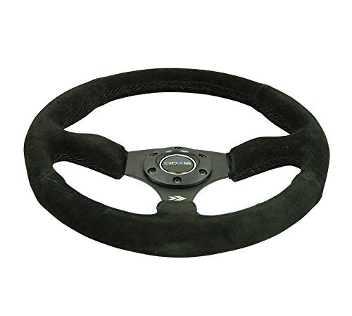 NRG Innovations Reinforced NRG-RST-023MB-S Steering Wheel 350mm Diameter 50mm Depth Sport Suede Racing (2.5" Deep) Comfort Grip, 5mm Thick Matte Black Spoke, Double Riveted Spokes