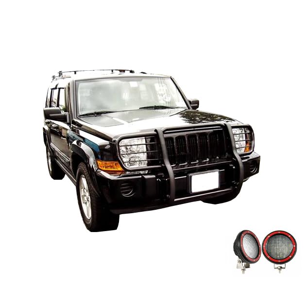 Bumper Guard Modular Black Black Horse Grille Brush Come with Pair of 5.3" Dia.LED Lights with Red Trim Rings Compatible with 2006-2010 Jeep Commander-17A081000MA-PLFR