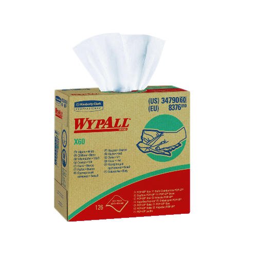 Wypall X60 Kimberly-Clark Teri White Reinforced Wipers in Pop-up Box, 9.1 x 16.8 inch, 126 per Pack - 10 Packs per case.