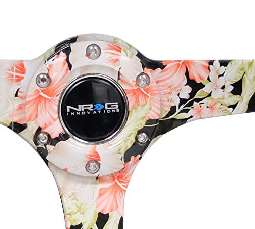 NRG Innovations Reinforced Steering Wheel NRG-RST-036FL-S - Hydro Dipped Tropical Floral 3" Deep, 5mm Spoke, 350mm Sport Steering Wheel Black Suede With Black Baseball Stitching