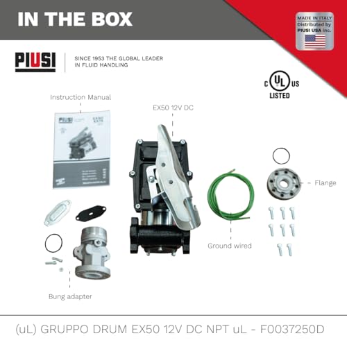 Piusi EX50 DC Fuel Transfer Pump UL 12V Cast Iron Body 15 GPM Flow Rate at Nozzle with Flanged Components Built-In Bypass Valve NPT for Diesel Gasoline and Kerosene