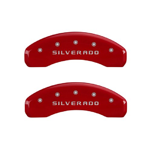 MGP Caliper Covers 'SILVERADO' 14004SSILRD Engraved Caliper Cover with Red Powder Coat Finish and Silver Characters, (Set of 4)
