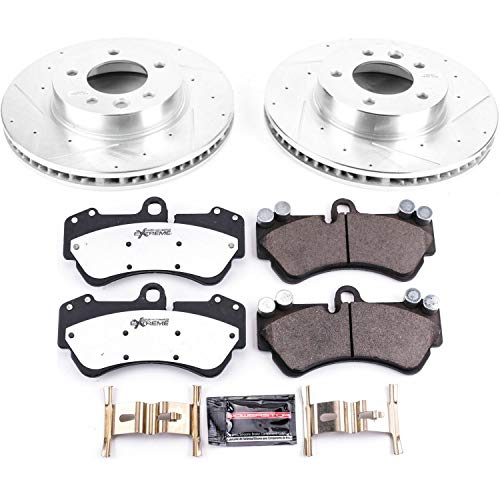 Power Stop K4554-26 Z26 Carbon Fiber Brake Pads Front with Drilled & Slotted Brake Rotors Kit and 2 Front Sensor Wires For Porsche Cayenne, Porsche Cayenne, VW Touareg [Model Specific]