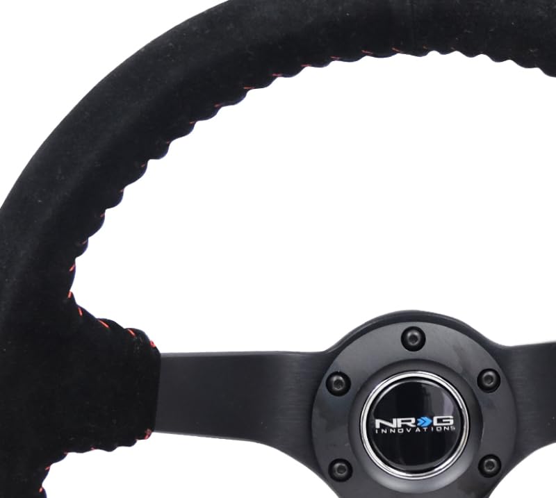 NRG Innovations Reinforced Steering Wheel NRG-RST-036MB-S-RD 3" Deep, 5mm Matte Black Spoke, 350mm Sport Steering Wheel Black Suede With Red Baseball Stitching