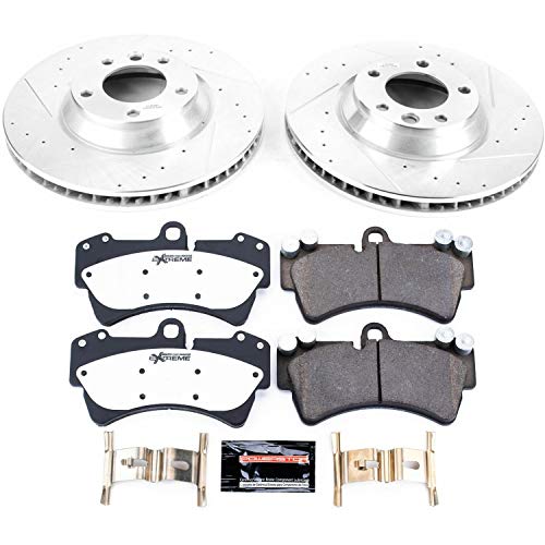 Power Stop K4558-26 Z26 Carbon Fiber Brake Pads Front with Drilled & Slotted Brake Rotors Kit and 2 Front Sensor Wires For Audi Q7, Porsche Cayenne, Porsche Cayenne, VW Touareg [Model Specific]