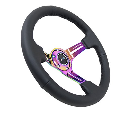 NRG Innovations Reinforced Steering Wheel NRG-RST-018R-MCBS 350mm 75mm Deep Sport Steering Wheel Leather (3" Deep) Black Stitch With Slits In Neochrome Double Riveted Spokes