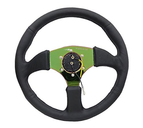NRG Innovations Reinforced NRG-RST-023MC-R Steering Wheel 350mm Diameter 50mm Depth Sport Leather Racing (2.5" Deep) Comfort Grip, 4mm Metal Neochrome Spoke Double Riveted Spokes