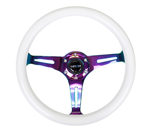 NRG Innovations Wood Grain NRG-ST-015MC-GL-PP Steering Wheel - 350mm 25mm Deep, 3 Neochrome Spokes - Glow-in-the-Dark Purple Color