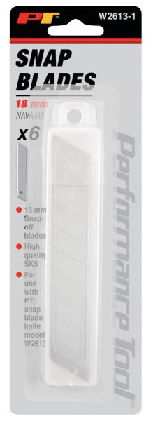 W2613-1 Performance Tool SK5 Steel Replacement Snap Blades, 18mm Width, 6 Pack, for Use with Snap Blade Knife