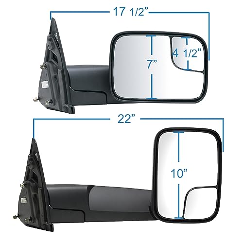 K Source Towing Mirror Pair – For 2002-2009 Ram 1500, 2500, 3500, Spot Mirror, Textured Black, Flip-out-head, Foldaway, Driver & Passenger Side Pair (L&R)