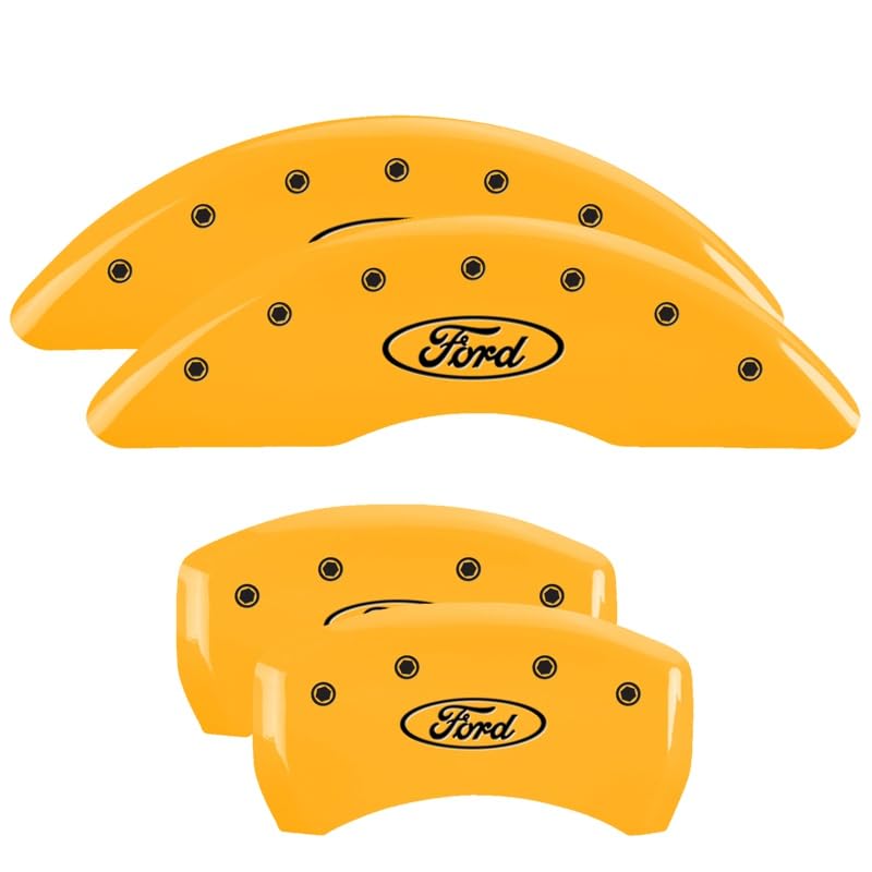 Brake Caliper Covers MGP - Compatible with 2021+ Ford F-150 (Requires 18"+ Wheels) Powder-Coated Finish, 4 PCS Front and Rear (Yellow - Ford Oval Engraving)