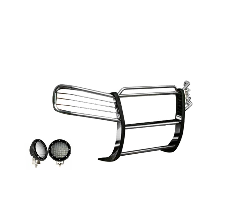 Bumper Guard Black Horse Grille Brush Modular Stainless Steel Come with Pair of 5.3" Dia.LED Lights with Black Trim Rings Compatible with 2002-2009 GMC Envoy-17GD26MSS-PLFB