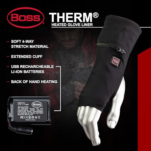 Therm™ Boss® Heated Glove Liner, 3 Heat Setting Control (low, medium, and high), one size, Soft Nylon 4-Way Stretch, Rechargeable, Black